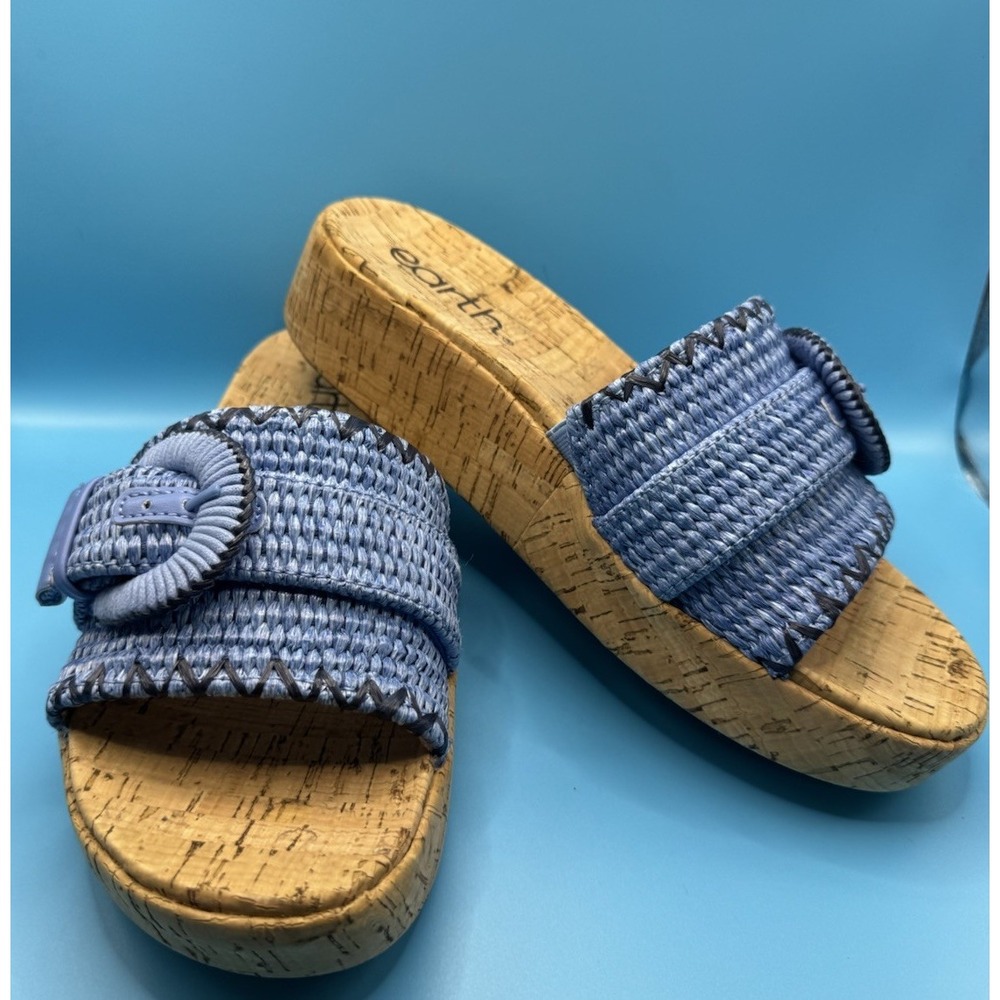 Earth Samsy Blue Raffia Platform Wedge Slide Sandals Women's 7M NWOB